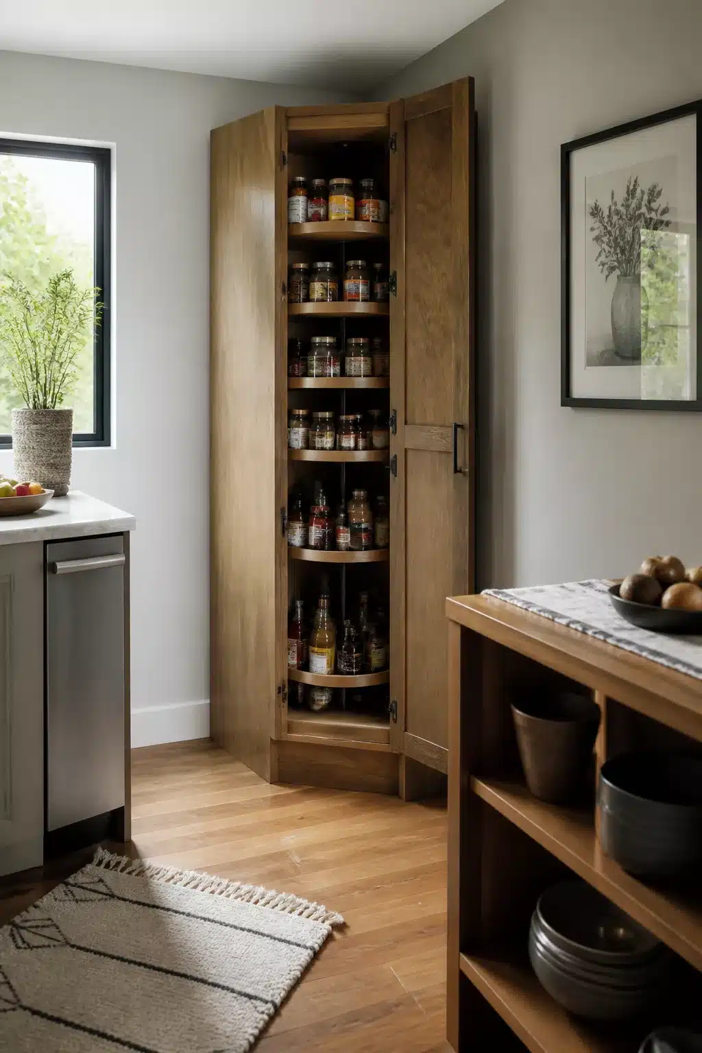 Freestanding kitchen pantry ideas — warm oak corner cabinet with rotating carousel shelves packed with jars and bottles