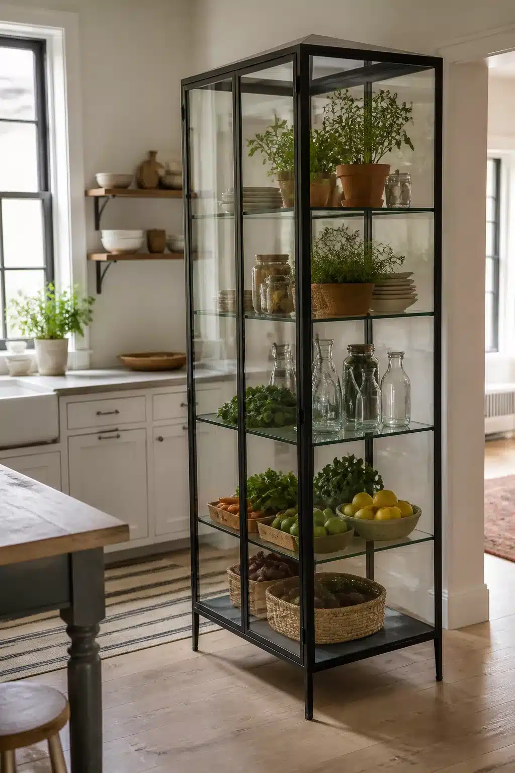 Black steel and glass freestanding kitchen pantry cabinet with herbs, produce and glass bottles — freestanding kitchen pantry ideas