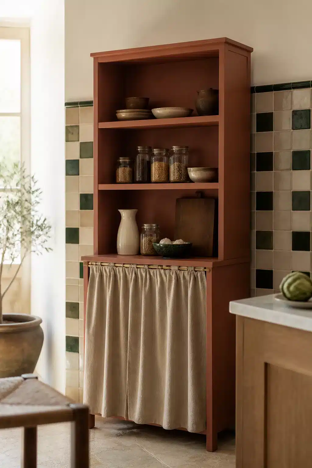 Freestanding kitchen pantry ideas — terracotta painted shelving unit with linen curtain skirt and open storage shelves