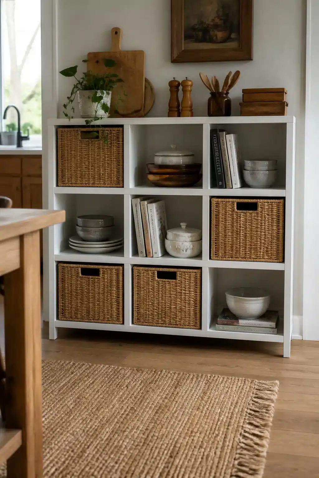 Freestanding kitchen pantry ideas using a white cube shelving grid with wicker baskets, ceramics, and cookbooks.