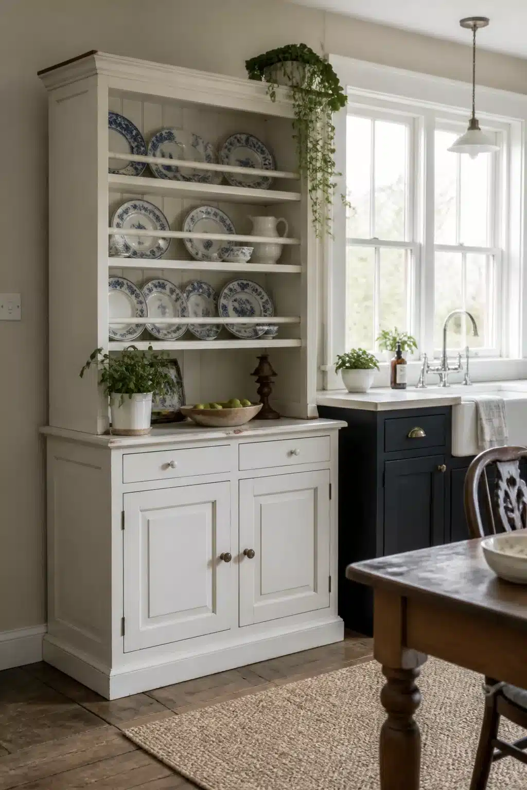 Cream freestanding kitchen pantry hutch with blue-and-white plate rail shelves and closed cabinet base — freestanding kitchen pantry ideas