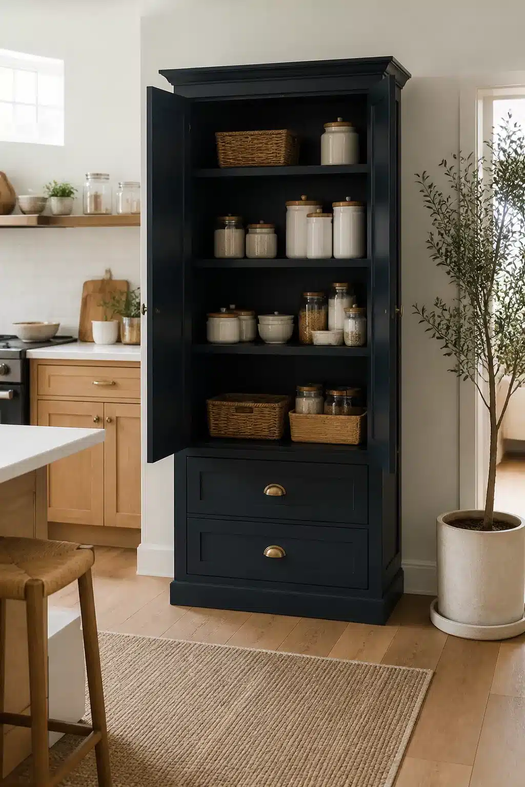 Dark navy freestanding kitchen pantry ideas with brass hardware, wicker baskets, and glass canisters in a warm wood kitchen