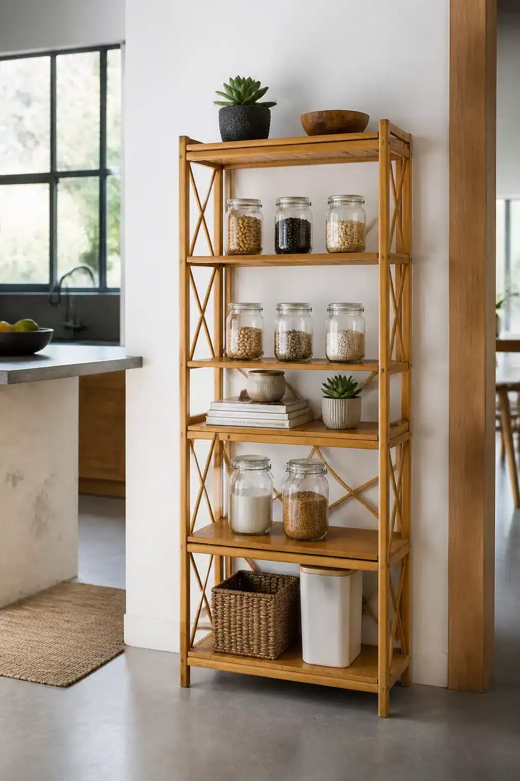 Bamboo freestanding kitchen pantry shelves with glass jar storage, wicker basket, and succulents — freestanding kitchen pantry ideas