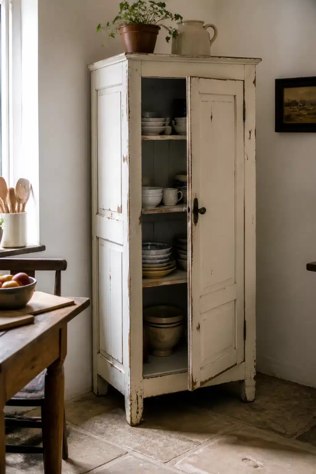 Distressed cream vintage cupboard used as a freestanding kitchen pantry storing ceramics — Freestanding Kitchen Pantry Ideas