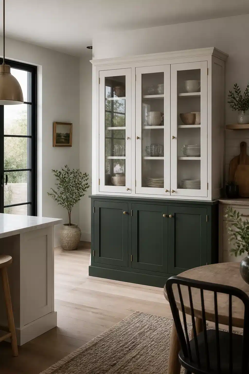 Two-tone freestanding kitchen pantry ideas with forest green lower cabinet and cream glass-door upper unit, brass hardware.