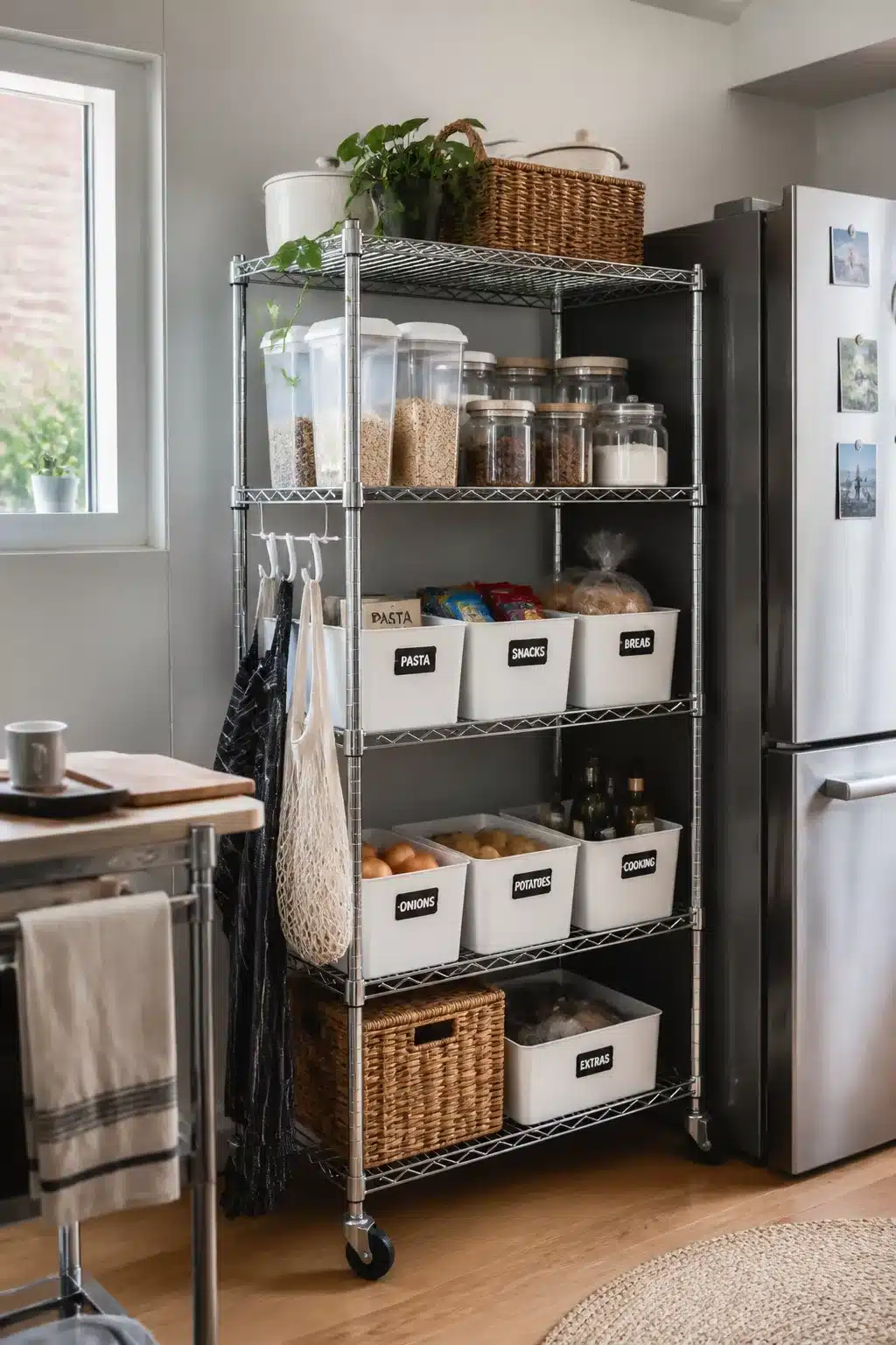 Chrome wire rack freestanding kitchen pantry ideas with labeled white bins and glass jar dry goods storage