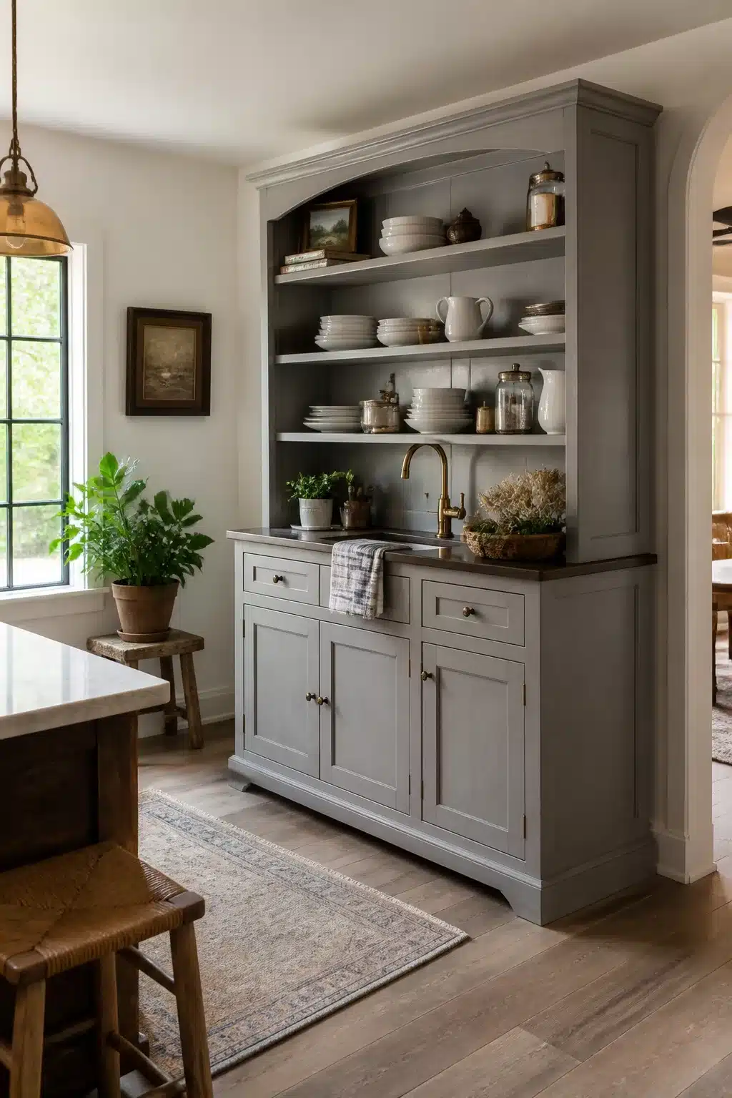 Gray freestanding kitchen pantry dresser with brass sink and open shelving — scullery-style pantry ideas
