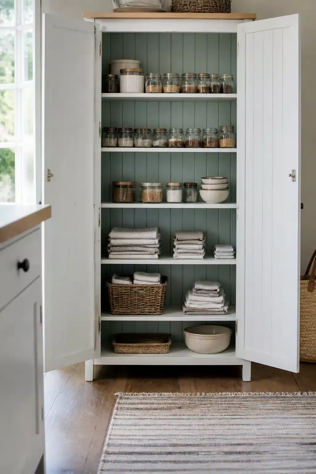 Freestanding kitchen pantry ideas — white cabinet with sage beadboard back panel, glass jar and linen storage