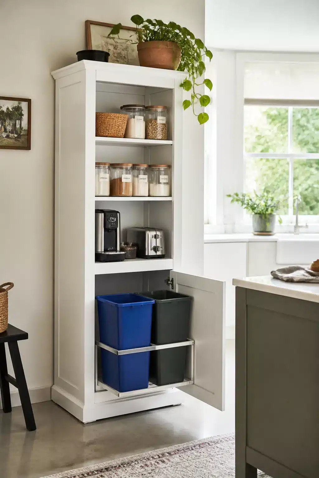 Freestanding kitchen pantry ideas — white cabinet with pull-out trash and recycling bins plus open shelving