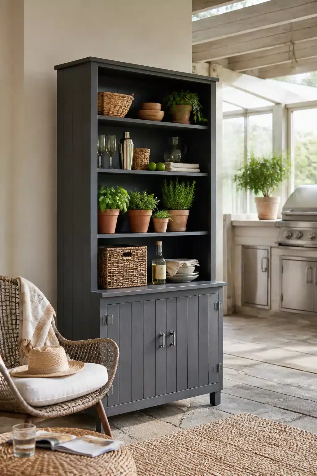 Charcoal painted cedar freestanding kitchen pantry with herb pots and beadboard cabinet doors in an outdoor kitchen