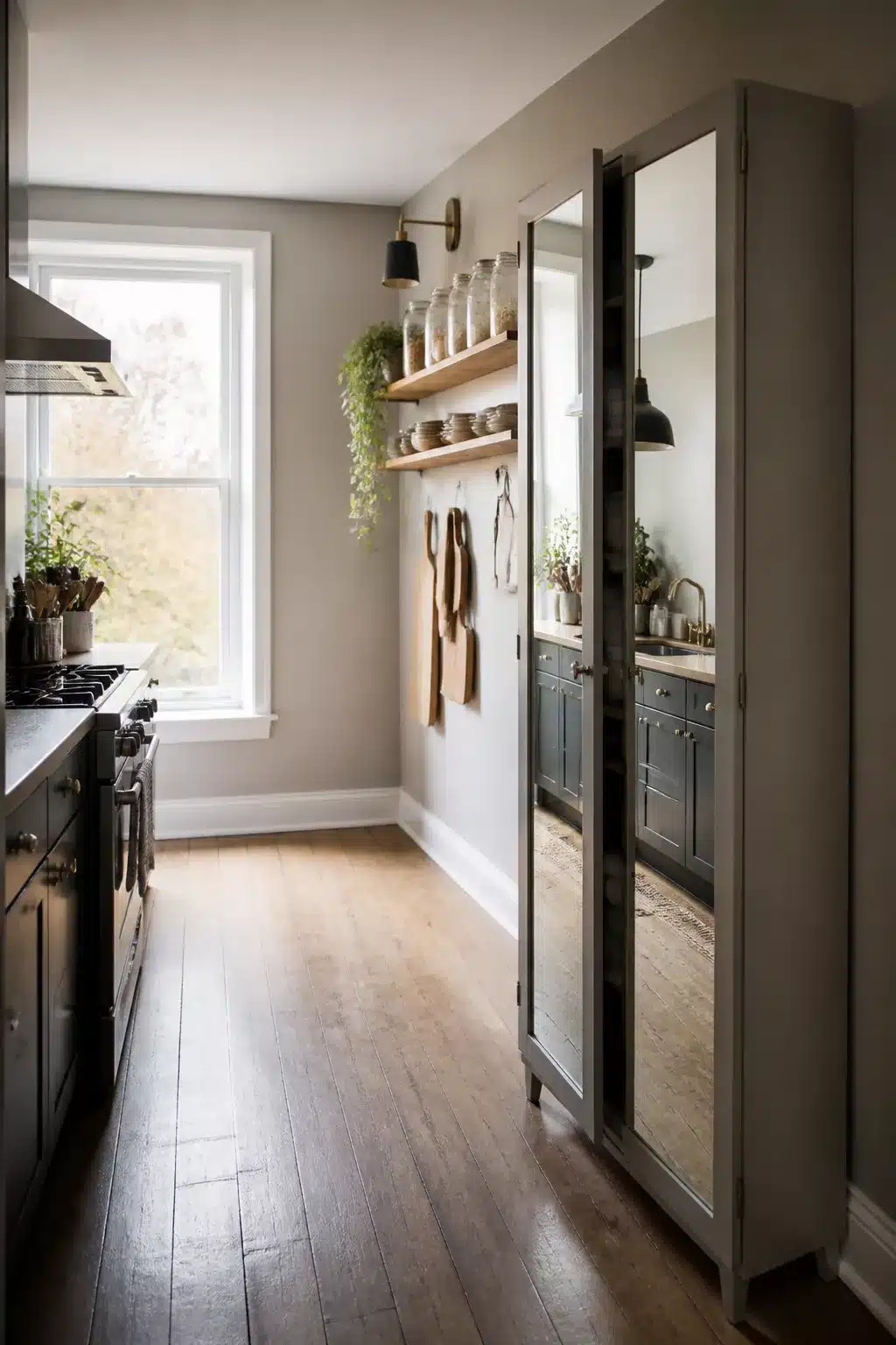 Freestanding kitchen pantry ideas — slim mirrored door cabinet in a narrow galley kitchen with gray walls and wood floors