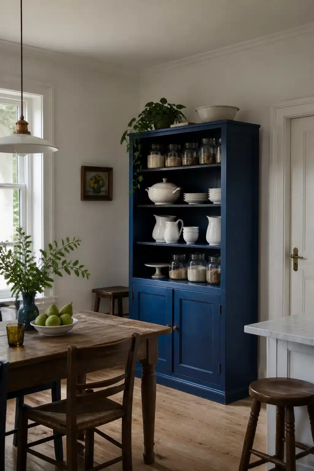 Freestanding kitchen pantry ideas — cobalt blue open shelving unit with white ceramics and glass jar storage