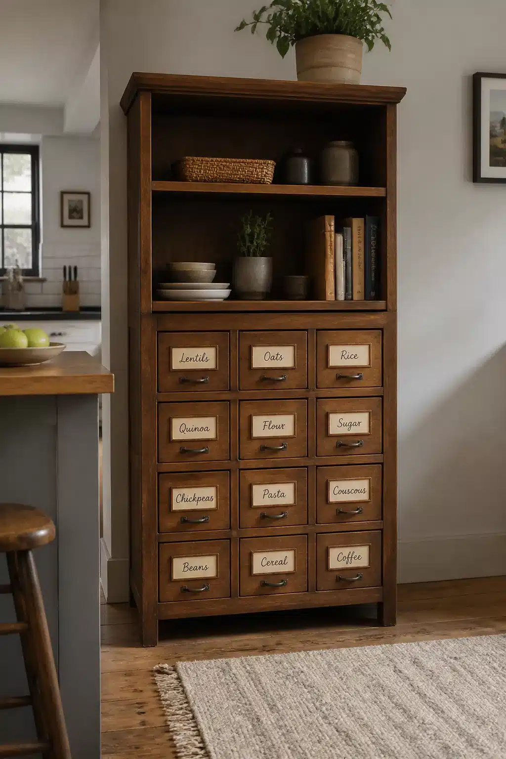 Freestanding kitchen pantry idea featuring a walnut apothecary cabinet with labeled ingredient drawers and open shelves