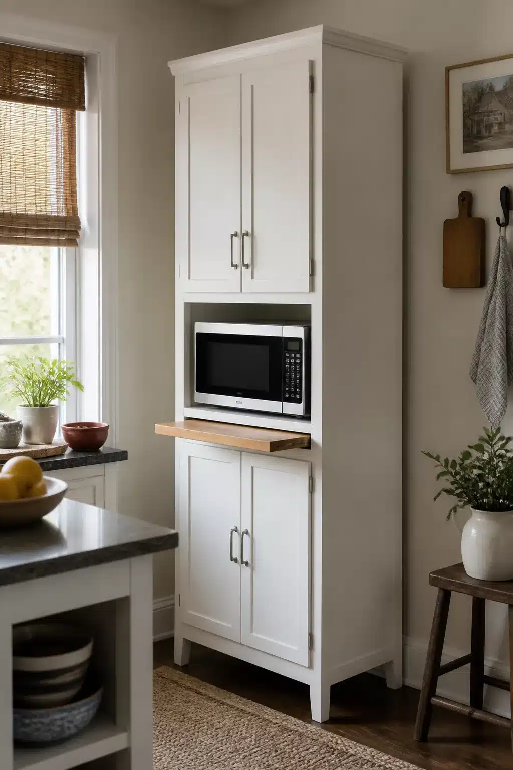 Freestanding kitchen pantry ideas — tall white cabinet with built-in microwave cubby and pull-out wood shelf