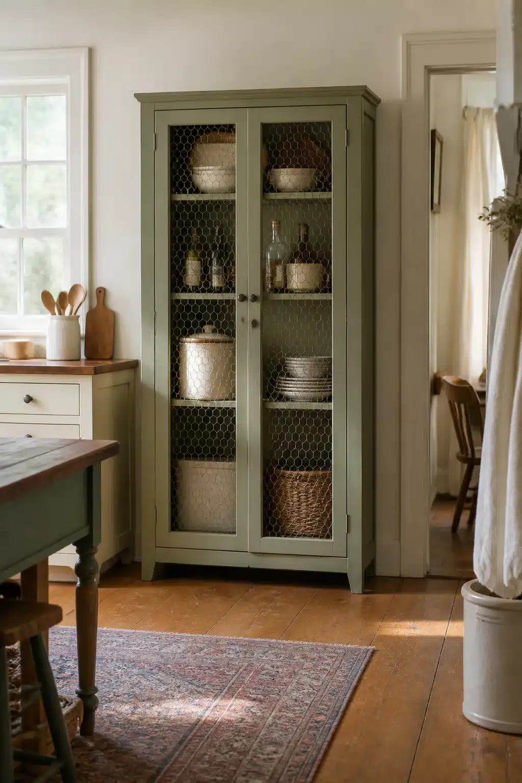 Sage green freestanding kitchen pantry with chicken wire doors and woven basket storage — Freestanding Kitchen Pantry Ideas