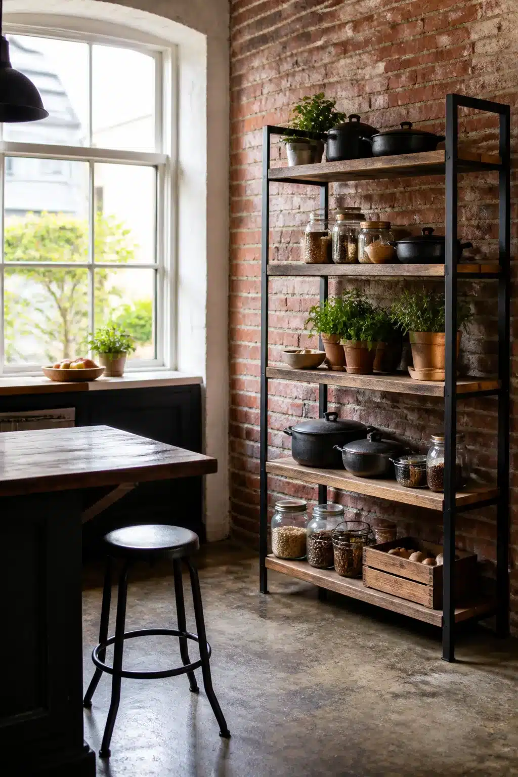 Industrial freestanding kitchen pantry idea with black steel frame, reclaimed wood shelves, cast iron pots and herb pots against exposed brick