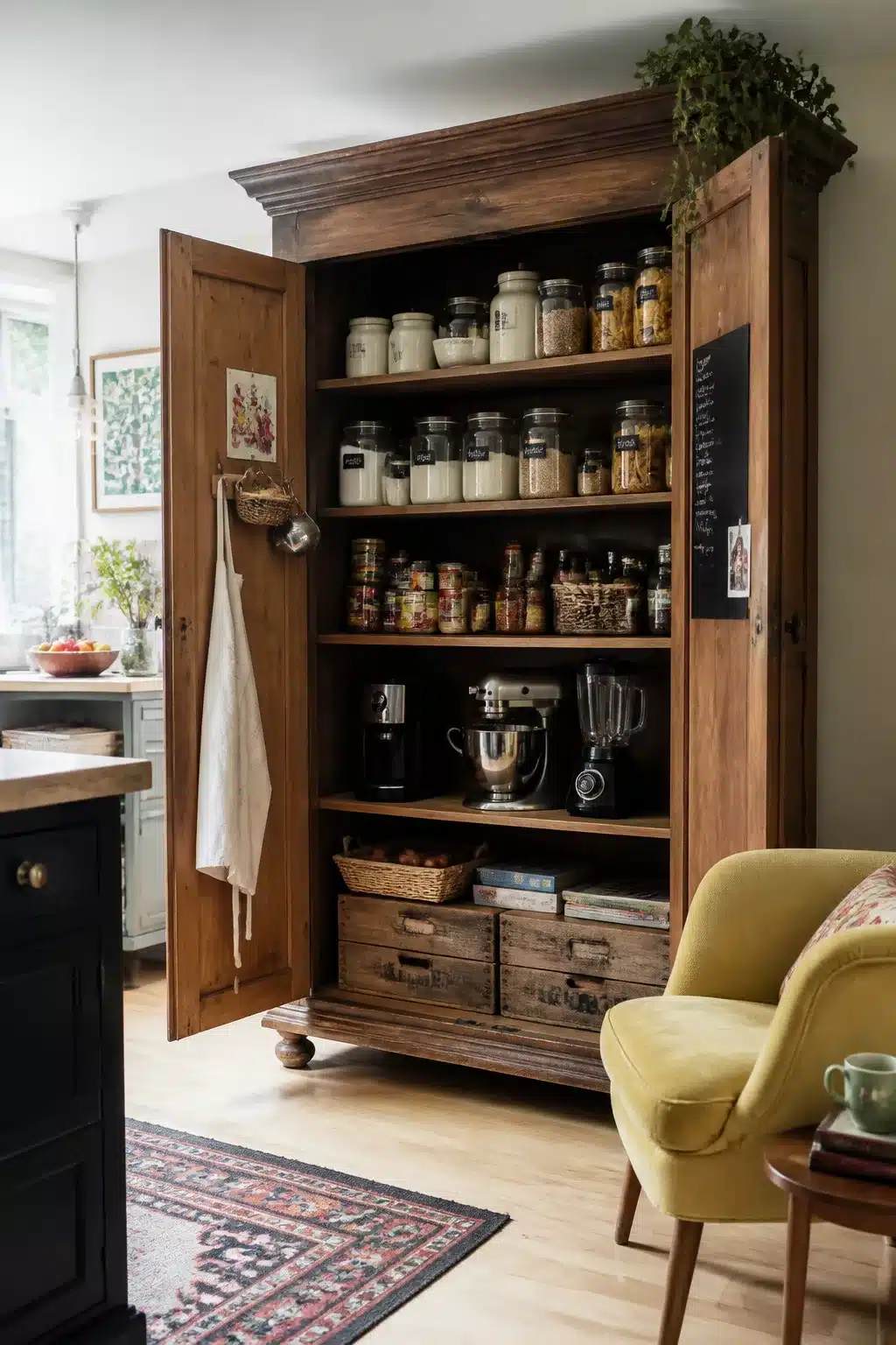 Antique armoire converted into a freestanding kitchen pantry with glass jar storage and appliances — pantry ideas