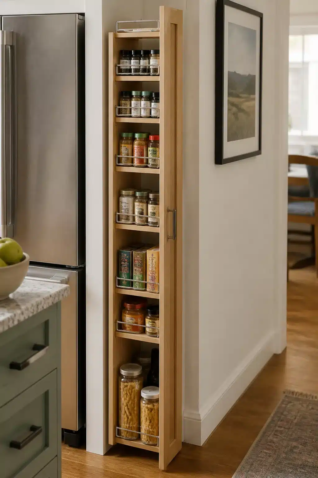 Natural oak slim pull-out tower pantry beside refrigerator — freestanding kitchen pantry ideas for tight spaces