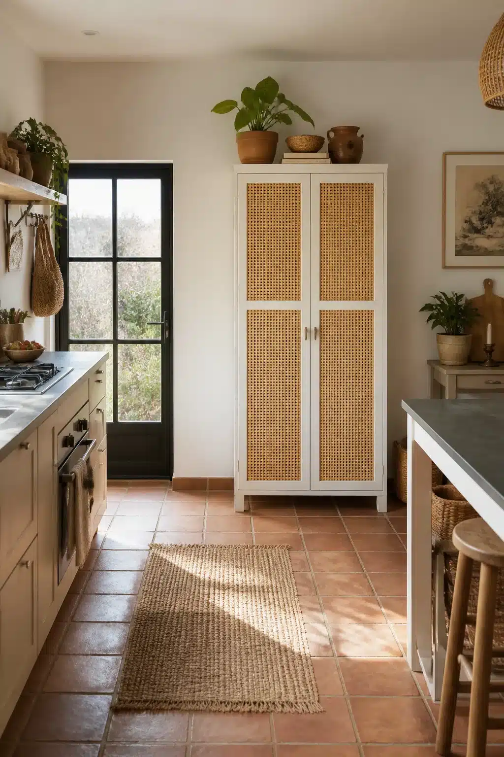 Freestanding kitchen pantry ideas — tall white cane-door cabinet with terracotta tile floor and jute rug