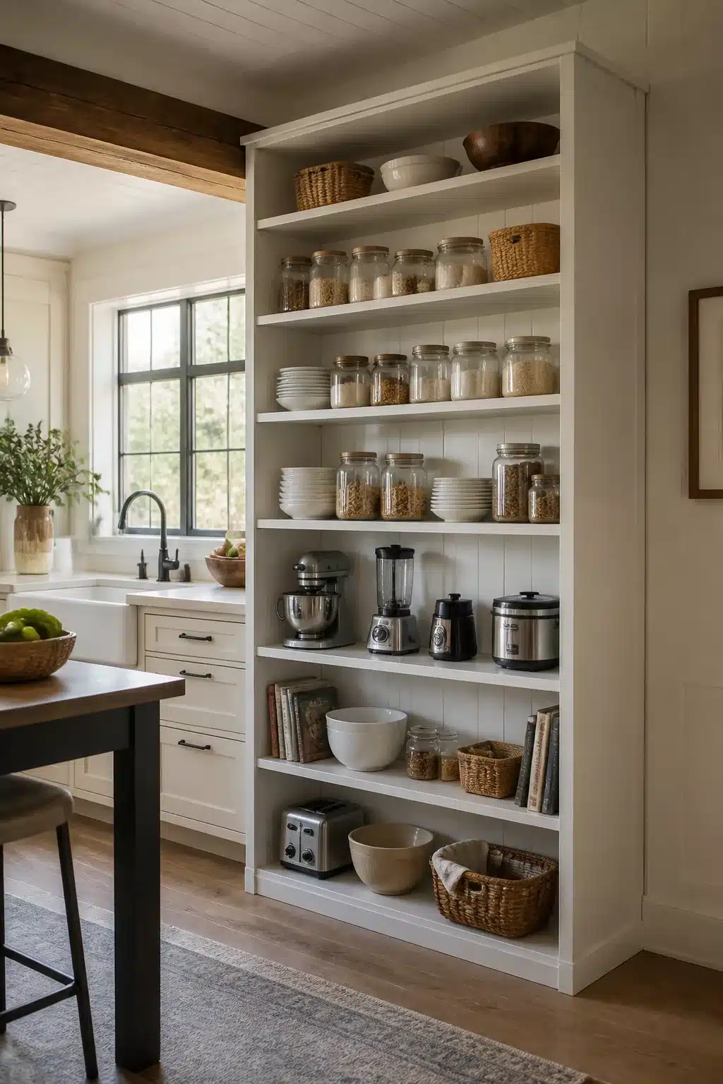 Freestanding kitchen pantry ideas — white open shelving unit with beadboard back, glass jars, appliances & baskets