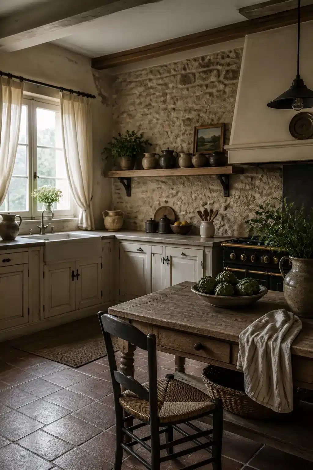 French country kitchen aesthetic ideas with exposed stone wall, antique wood island, and off-white cabinets