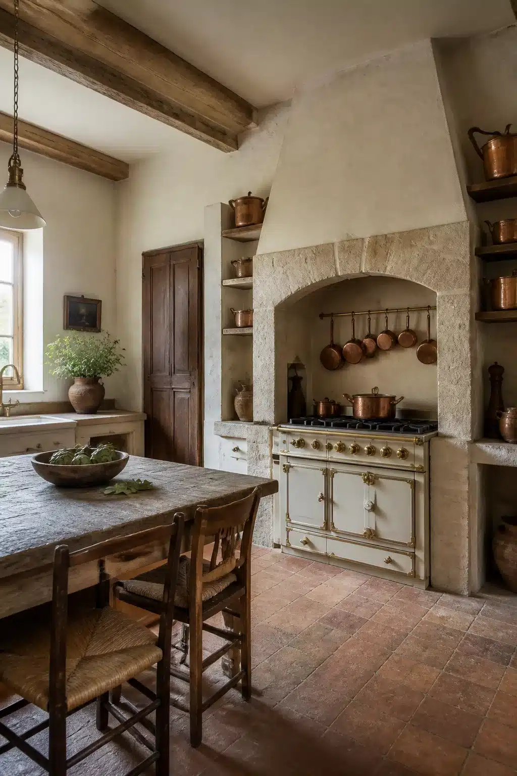 Cream enamel range in stone arch alcove — French country kitchen aesthetic ideas with copper pots and warm plaster walls