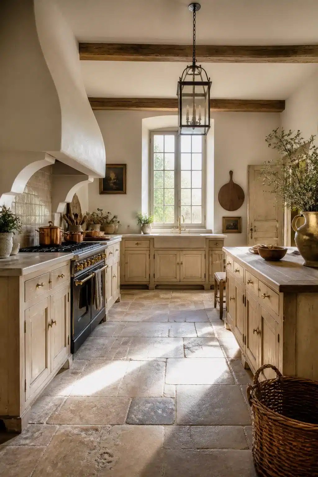 French country kitchen aesthetic ideas featuring a sculpted plaster arched range hood with stone floors and warm neutral tones