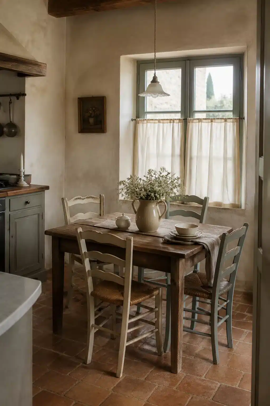 Mismatched vintage ladder-back chairs around a worn farm table — French Country Kitchen Aesthetic Ideas
