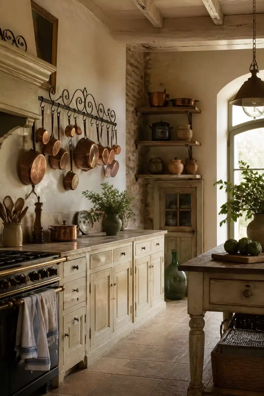 French country kitchen aesthetic ideas with wrought iron pot rail hung with copper cookware and aged painted cabinets