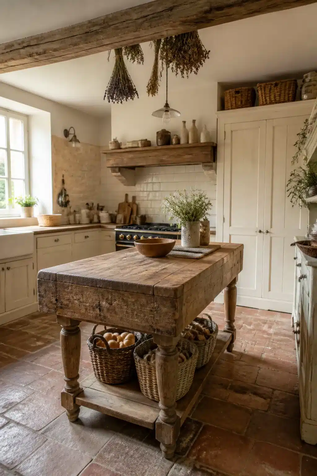 French country kitchen aesthetic ideas with antique butcher block island, dried herb bundles, and terracotta tile floor