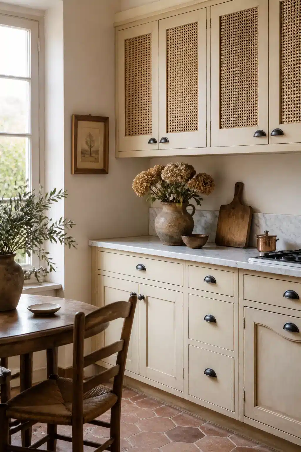 French country kitchen aesthetic ideas with rattan cabinet door inserts, cream cabinetry, marble countertop and terracotta tile floor