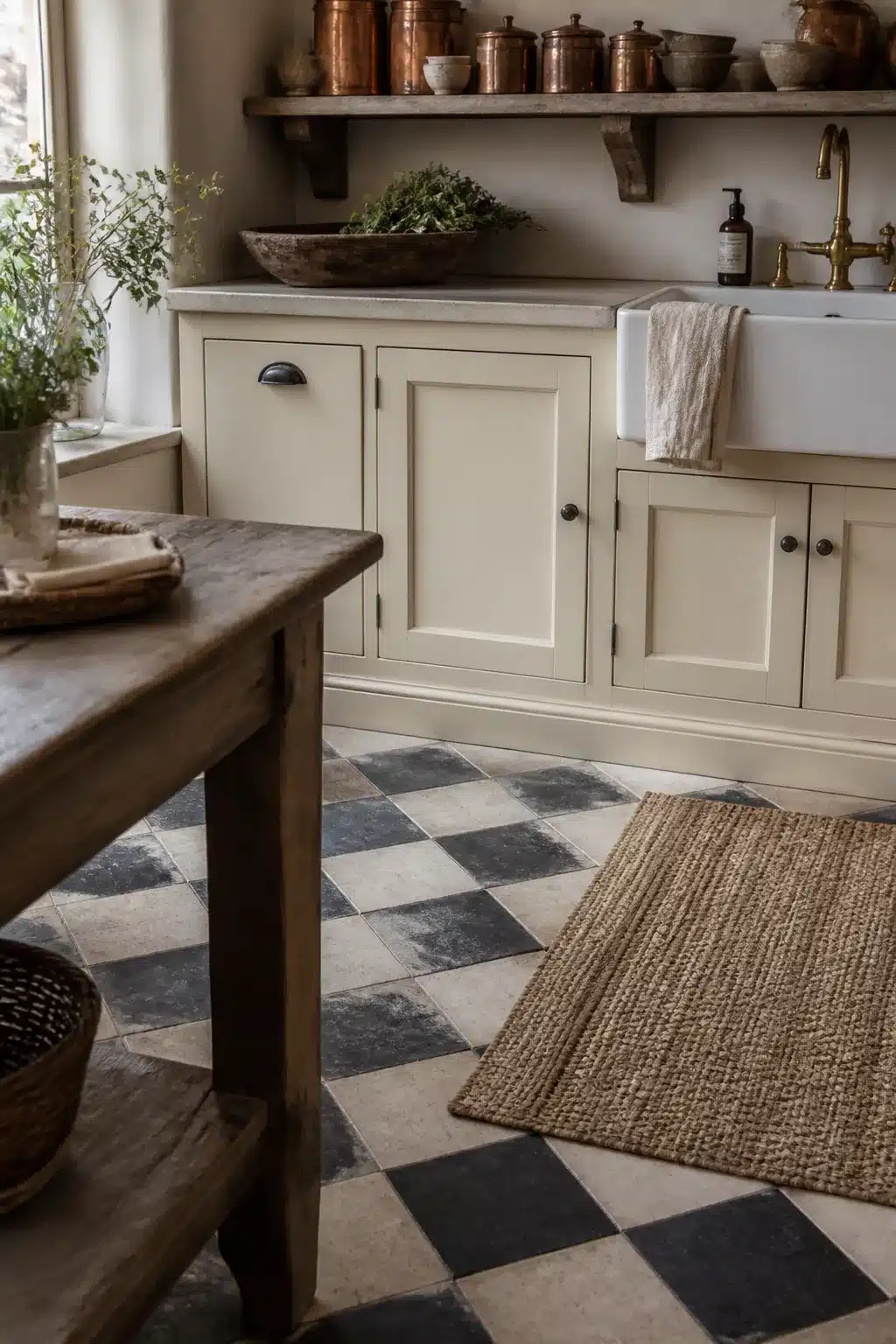 French country kitchen aesthetic ideas with black and cream checkerboard stone floor, cream cabinets, and brass fixtures