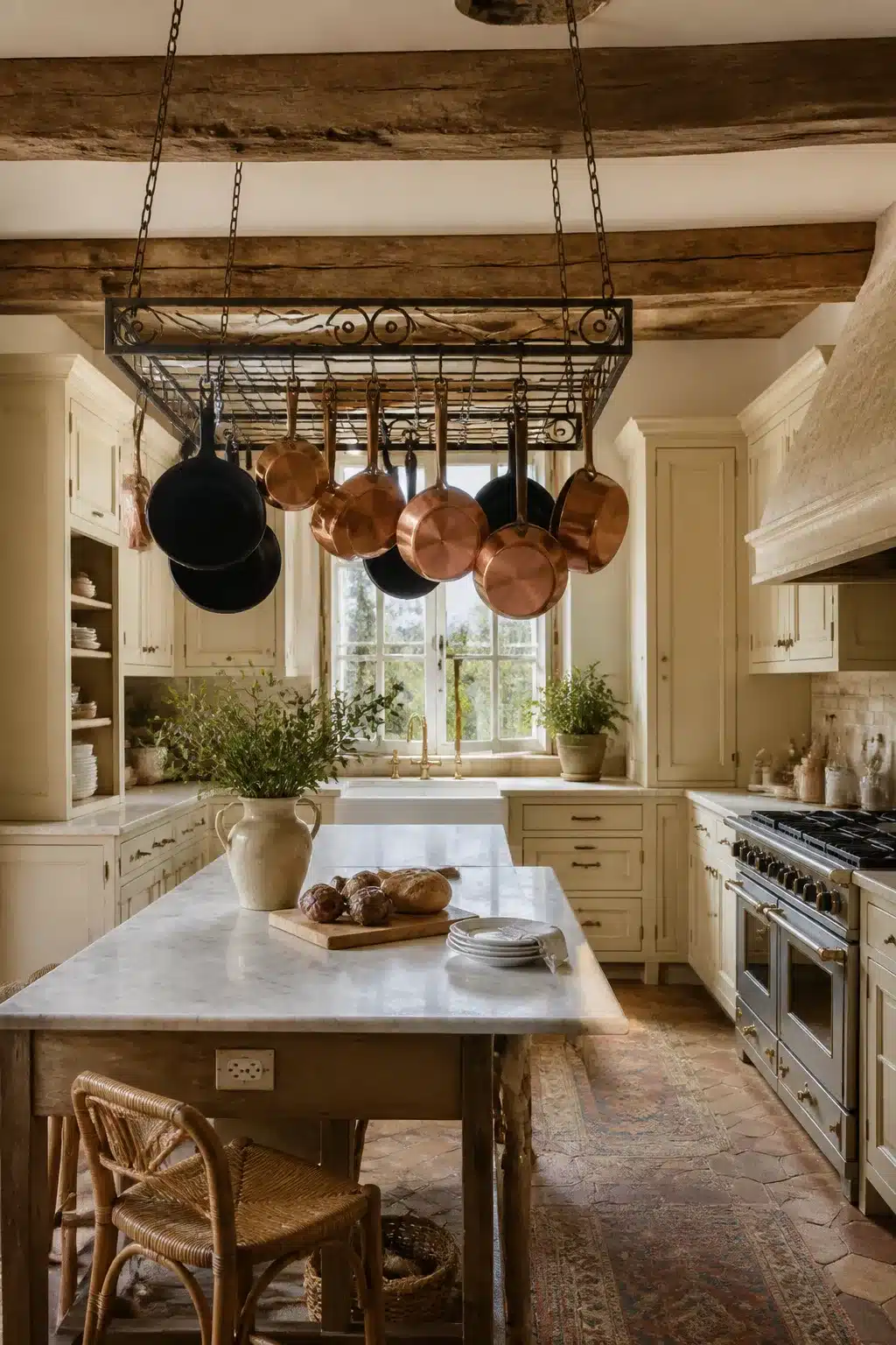 Wrought iron hanging pot rack over marble kitchen island — French country kitchen aesthetic ideas with cream cabinets.