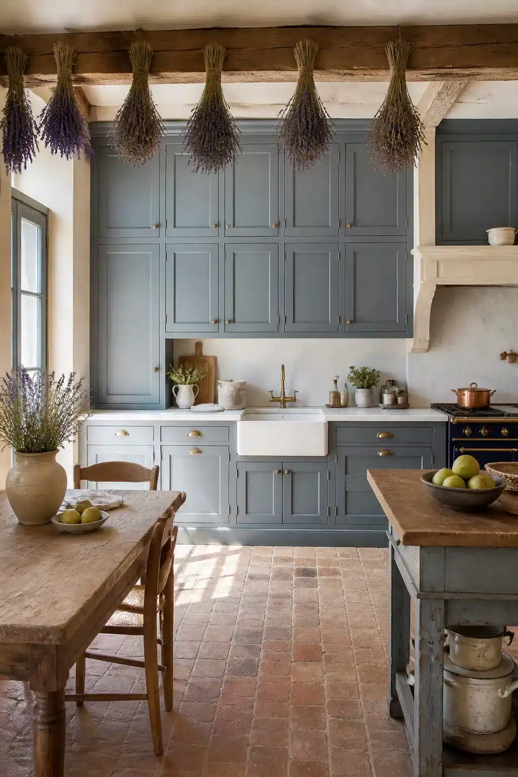French country kitchen aesthetic ideas featuring dusty blue floor-to-ceiling cabinets with aged brass pulls and dried lavender.