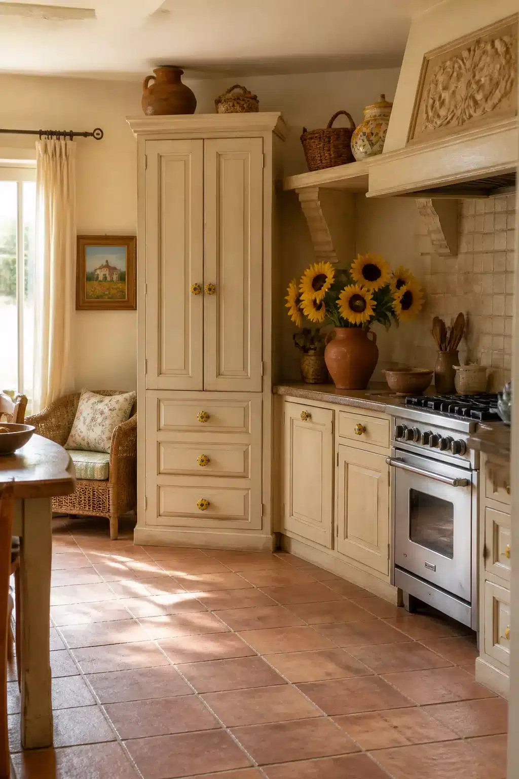 French country kitchen aesthetic ideas with sunflowers, carved stone range hood, and cream cabinets