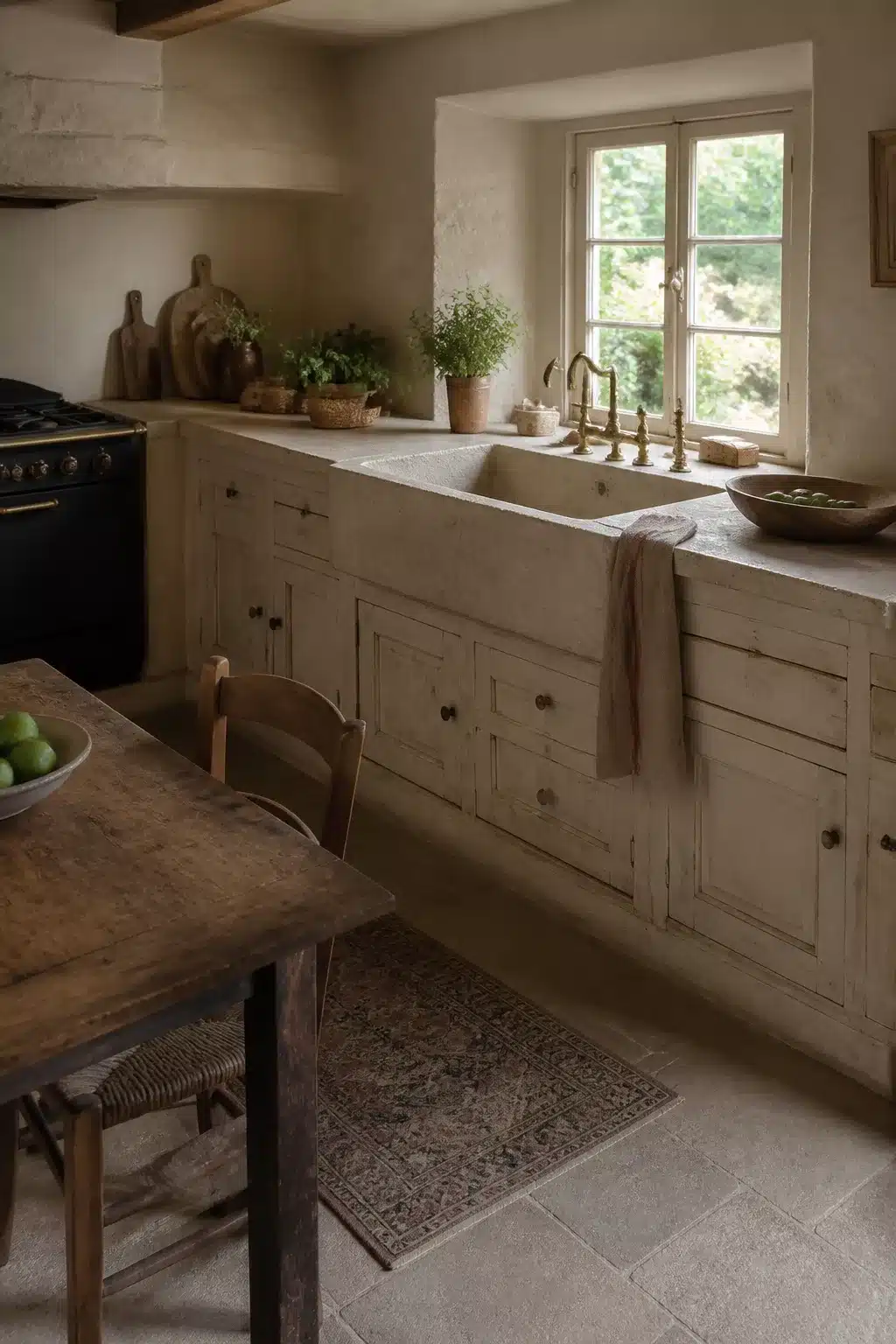 Limestone farmhouse sink with brass bridge faucet in a French country kitchen aesthetic — rustic neutral tones