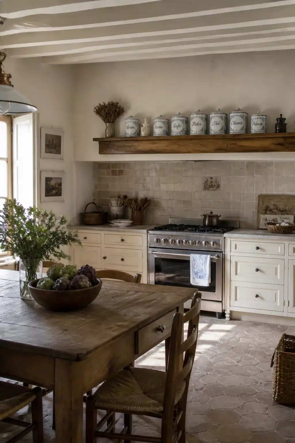 French country kitchen aesthetic ideas with vintage enamel canisters on a rustic wood shelf above a gas range