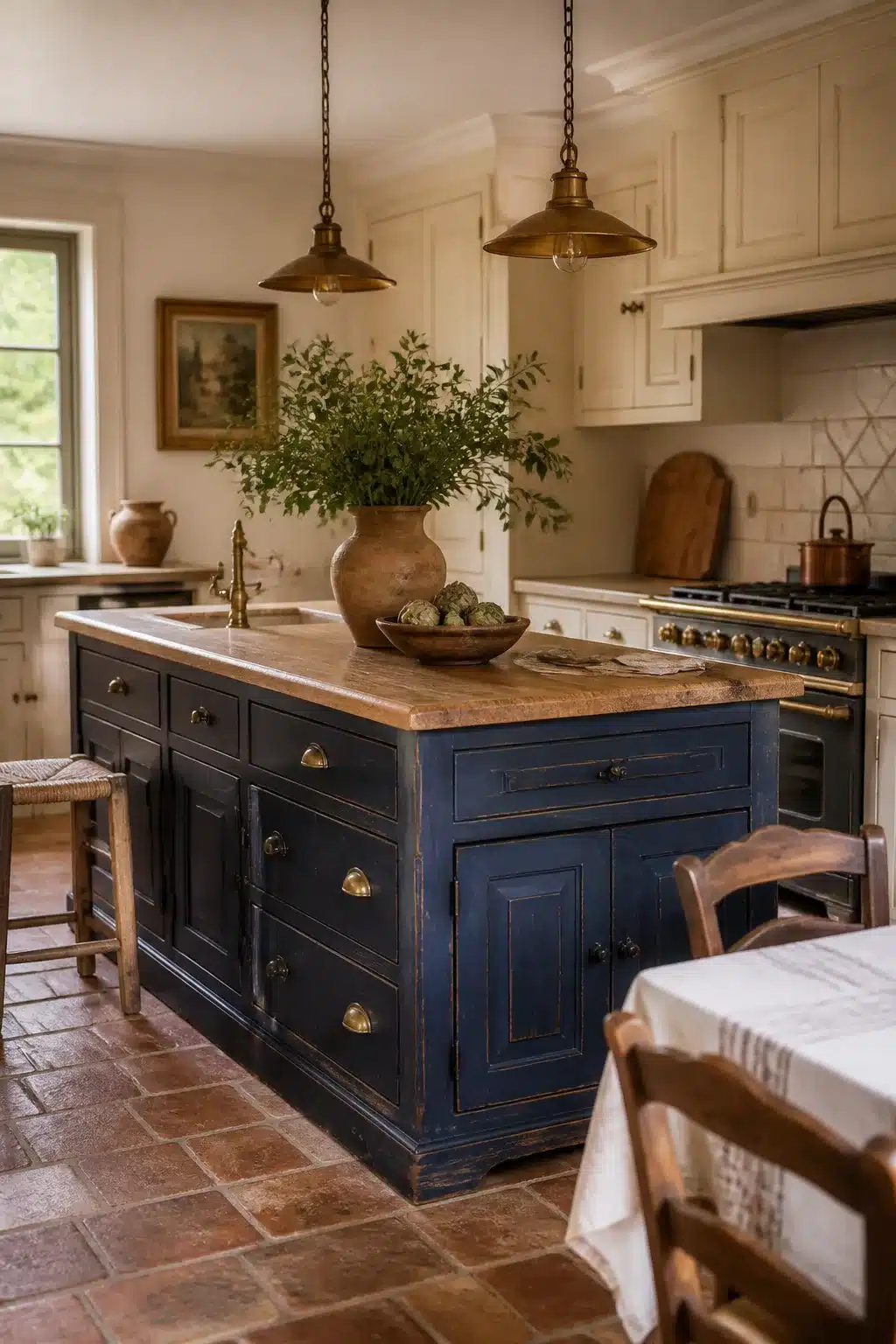 Navy blue distressed kitchen island with brass hardware and wood countertop — French country kitchen aesthetic ideas