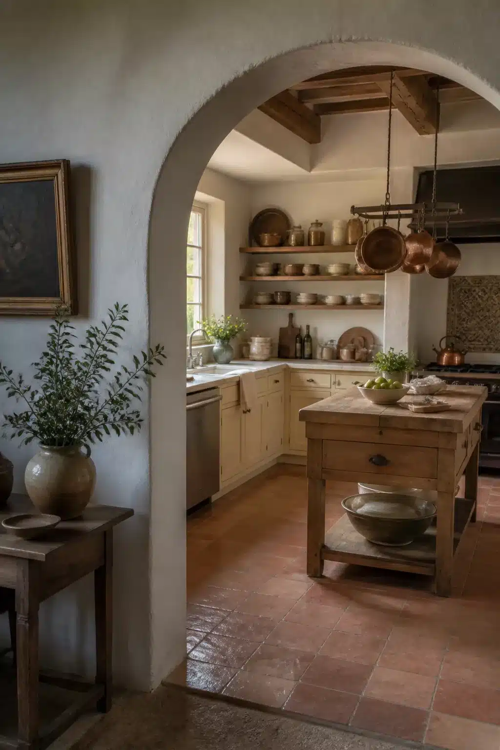 French country kitchen aesthetic ideas with plastered archway entry, butcher block island, and terracotta tile floor