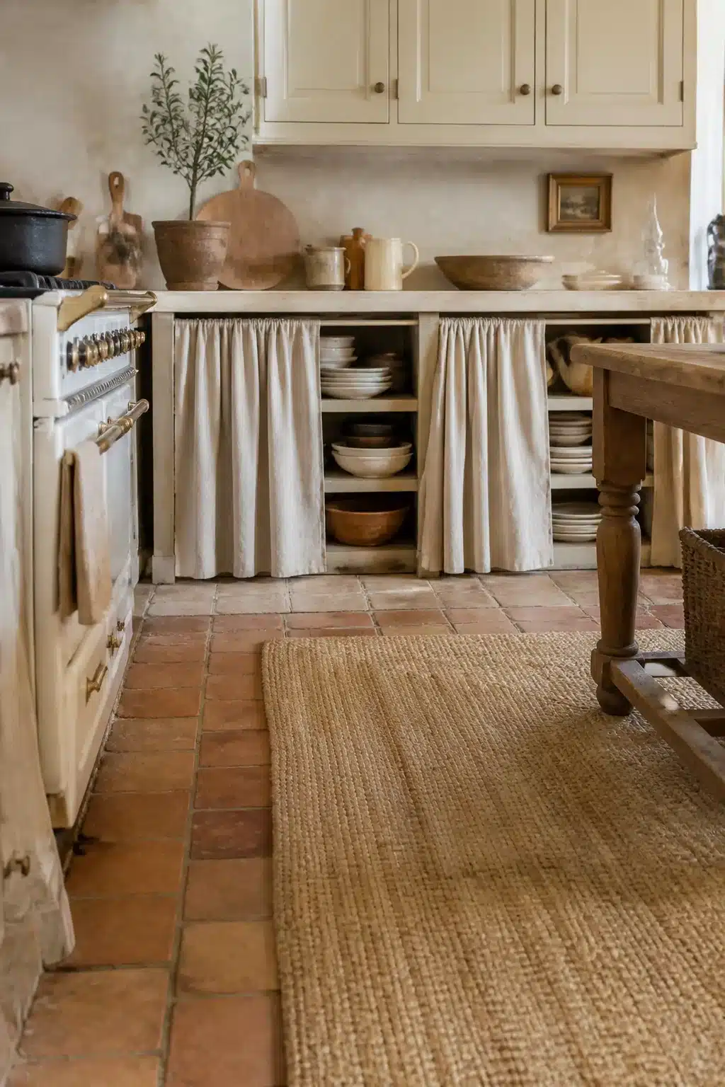 French country kitchen aesthetic ideas with gathered linen cabinet curtains, jute rug, and warm terracotta tile floor
