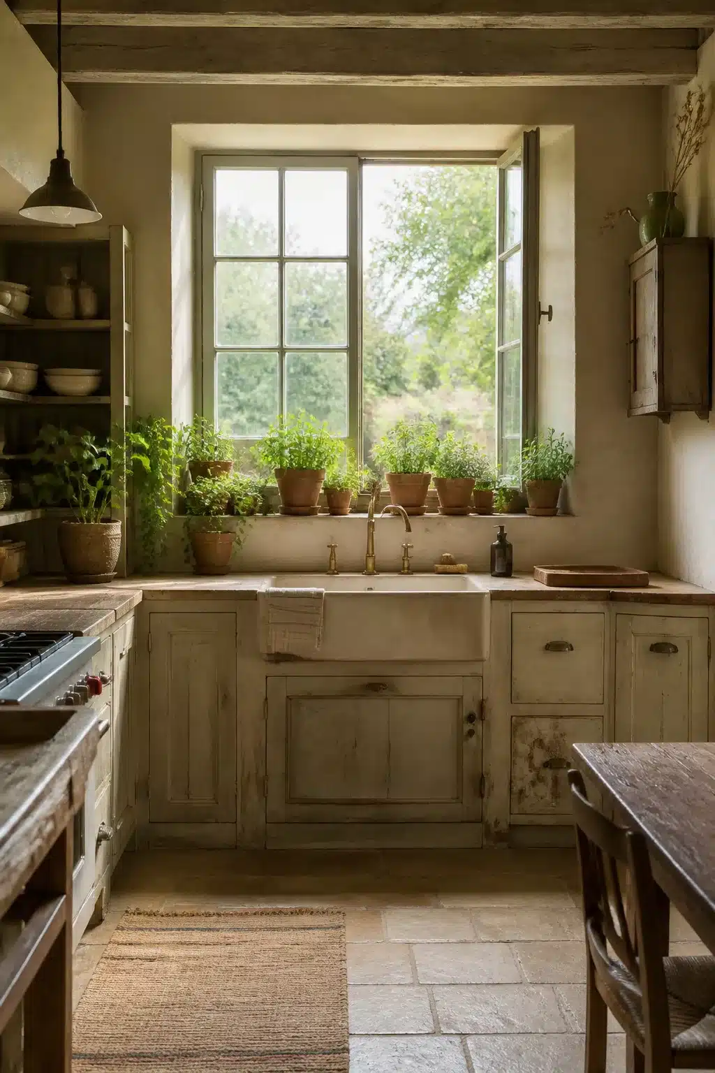 Herb-filled window ledge with chalky cabinets and terracotta pots — French Country Kitchen Aesthetic Ideas