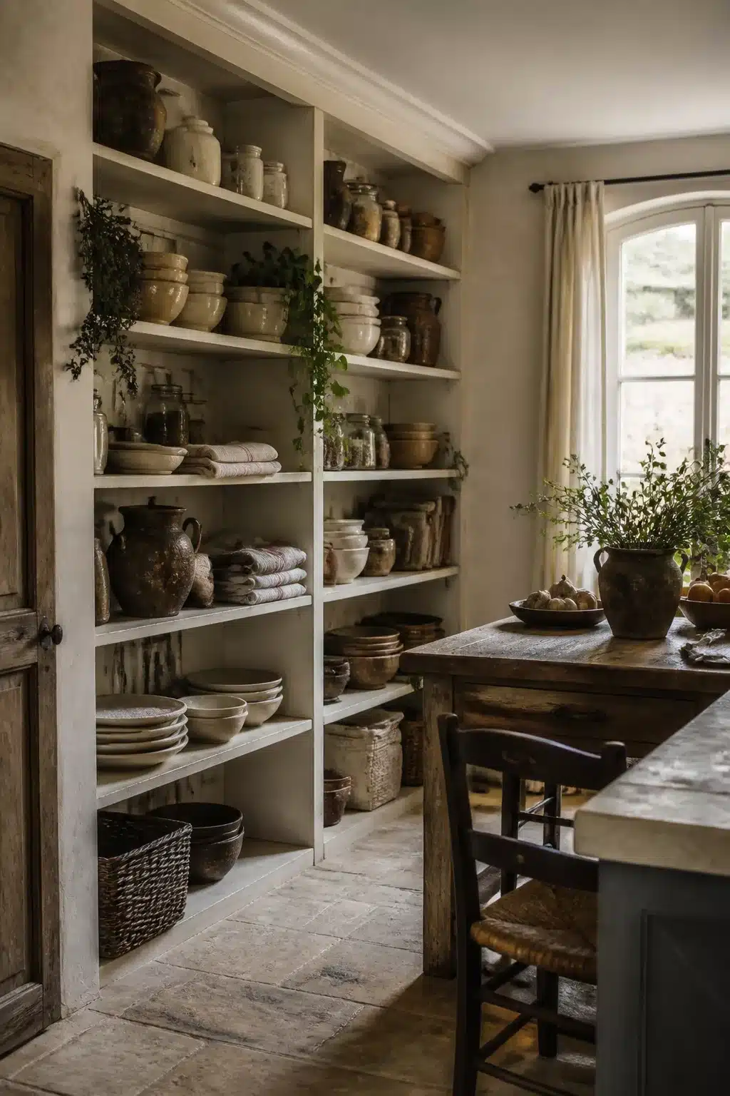 French country kitchen aesthetic ideas with ceiling-height open shelving styled with aged ceramics and stoneware