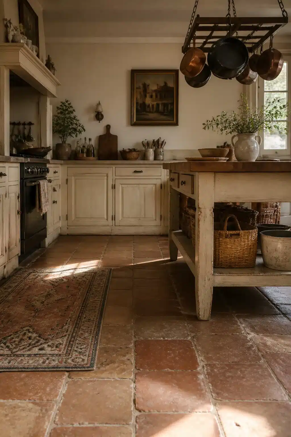 Aged terracotta tile floor in a French country kitchen aesthetic with cream cabinets and copper pot rack