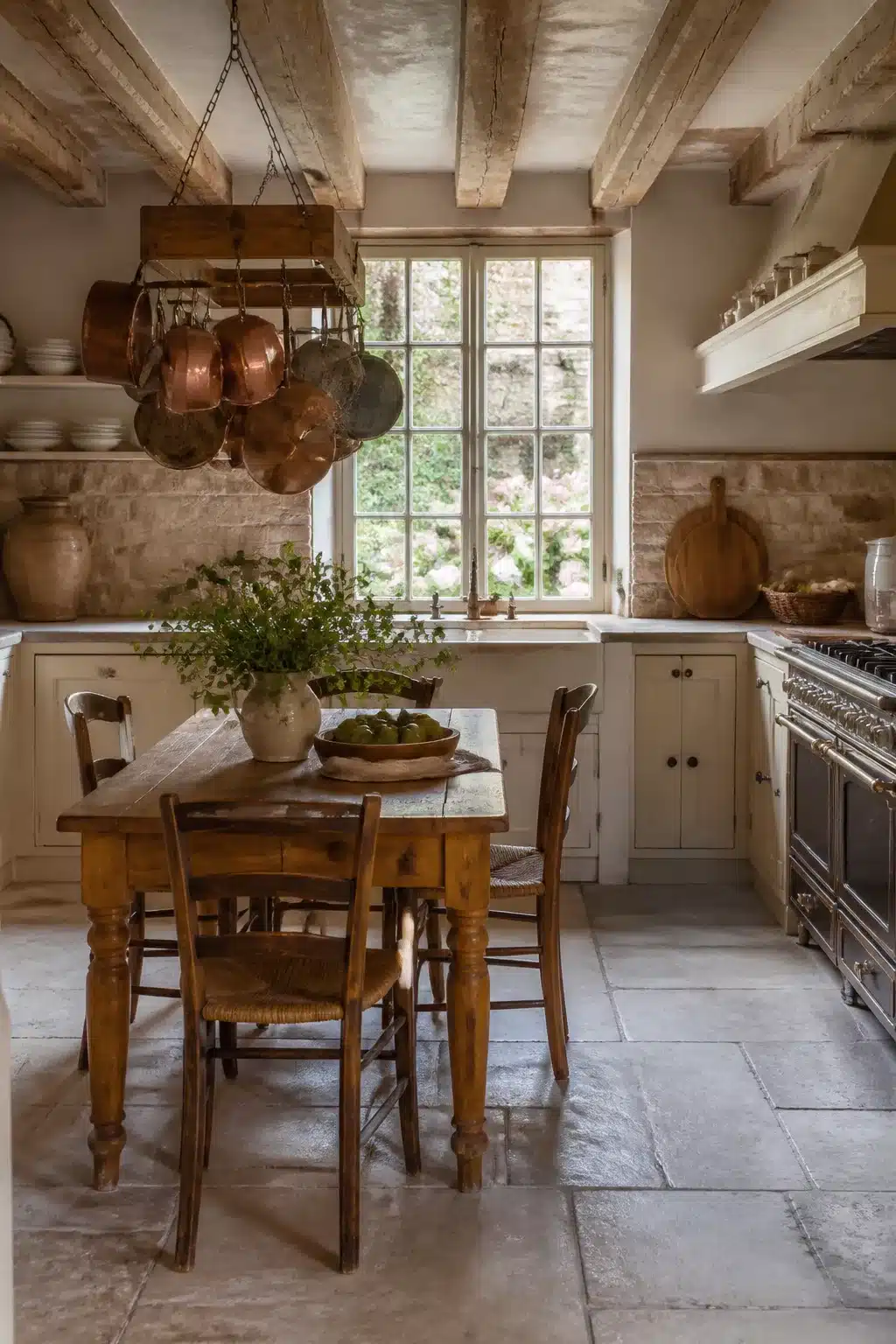 Rough timber ceiling beams in a rustic French country kitchen aesthetic with stone floors and copper pots