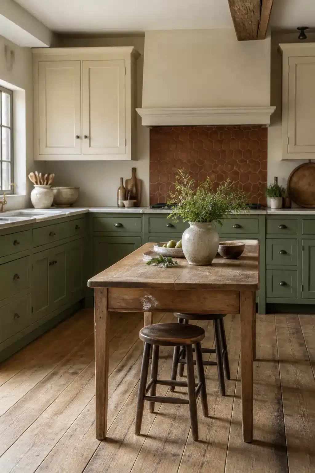 Sage green lower cabinets and terracotta hex backsplash in a French country kitchen aesthetic with rustic wood farm table