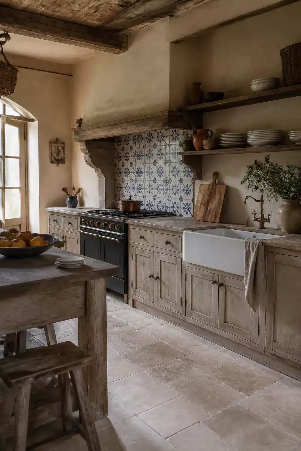 French country kitchen aesthetic ideas featuring a hand-painted blue and white tile backsplash with rustic wood cabinets