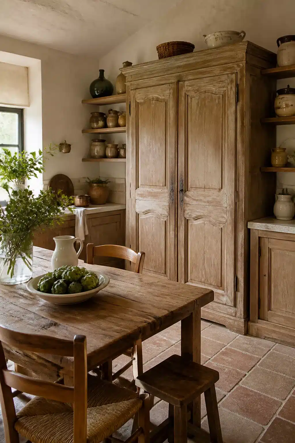 Bleached oak antique armoire in a rustic French country kitchen aesthetic — warm earthy tones and terracotta floor