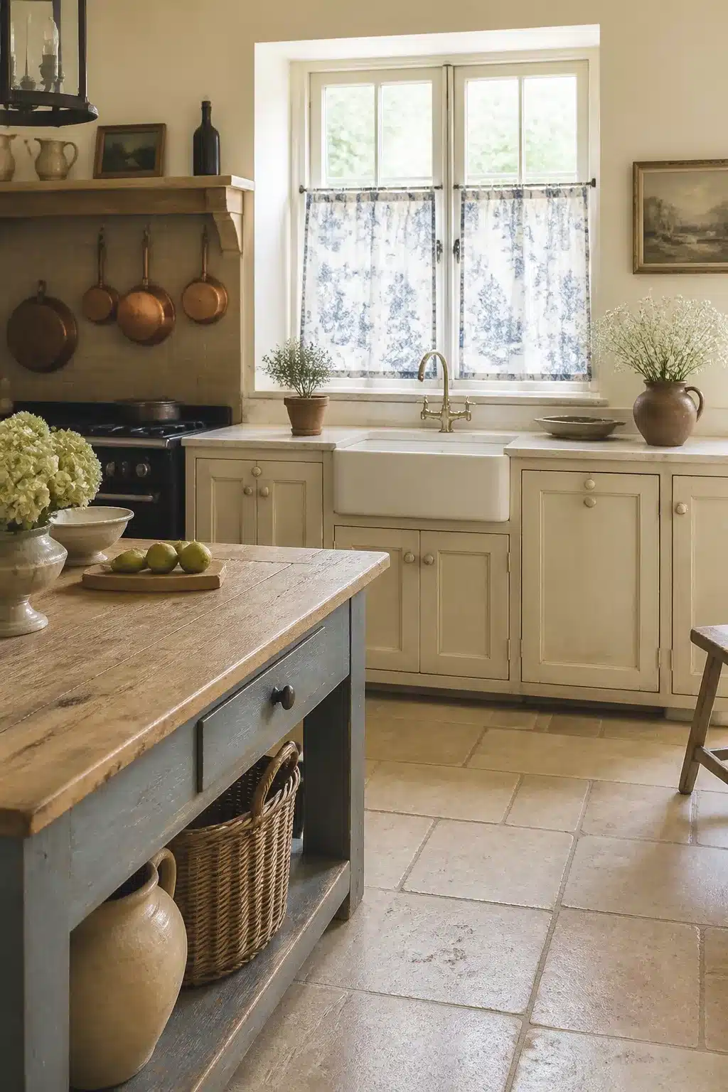 French country kitchen curtains — faded blue toile cafe curtains on a window above a farmhouse sink