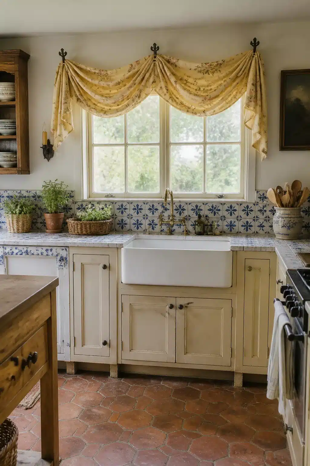 French country kitchen curtains — butter yellow floral swag valance over farmhouse sink with blue tile and terracotta floor