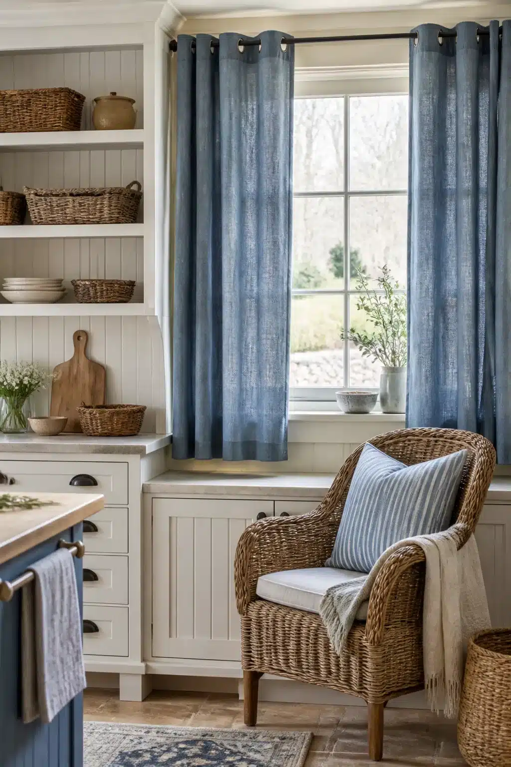 Blue chambray grommet curtain panels in a French country kitchen with wicker chair and open shelving